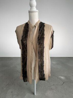 HAUTE HIPPIE Tan Black Lace Trim Top Size Medium